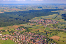 View of the town from the northwest (behind the A3 Kist) in Eisingen in the state Bavaria, Germany