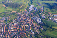 Aerial view of City overview from the north in Hardheim in the state Baden-Wuerttemberg, Germany