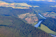 Aerial view of View of the town on the Neckar from the northwest in Neckargerach in the state Baden-Wuerttemberg, Germany