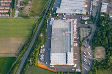 Aerial view of Building complex and grounds of the logistics center of Rewe Markt Gmbh Frische Zentrum in Wiesloch in the state Baden-Wurttemberg, Germany