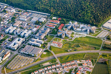 Aerial view of 3 star-shaped Corporate management high-rise buildings of SAP SE in Walldorf in the state Baden-Wurttemberg, Germany
