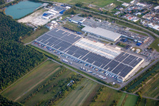 Aerial photograpy of Building and production halls on the premises of Goodyear Dunlop Tires Germany on Goodyearstrasse in Philippsburg in the state Baden-Wurttemberg, Germany. Involved is: Goodyear Dunlop Tires Germany GmbH