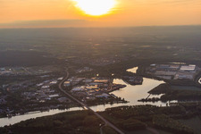 Rudolf von Habsburg Bridge over the Rhine and Germersheim harbor from the east in the evening in Germersheim in the state Rhineland-Palatinate, Germany