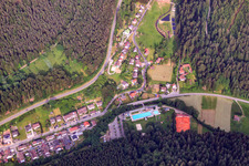 Aerial view of Forest outdoor pool Calmbach in the district Calmbach in Bad Wildbad in the state Baden-Wuerttemberg, Germany