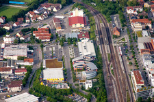 Station building and track systems of the S-Bahn station Herrenberg with UDG Herrenberg GmbH in Herrenberg in the state Baden-Wurttemberg, Germany