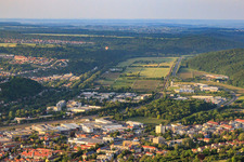 Neckar Valley with hot air balloon in Tübingen in the state Baden-Wuerttemberg, Germany