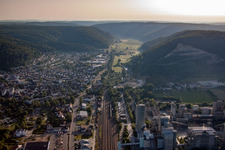 Railway between the town and Heidelberg Materials in Schelklingen in the state Baden-Wuerttemberg, Germany