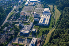 Aerial view of Württemberger Straße industrial area with centrotherm international AG in Blaubeuren in the state Baden-Wuerttemberg, Germany