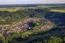 City view around the Klötlze Blei from the east in Blaubeuren in the state Baden-Wuerttemberg, Germany