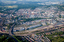 Building of the store - furniture market IKEA near freight railway station in Ulm in the state Baden-Wurttemberg, Germany