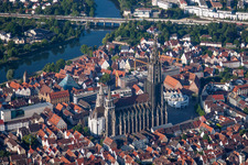 Aerial view of Church building of the cathedral of Ulmer Muenster on Muensterplatz in Ulm in the state Baden-Wurttemberg