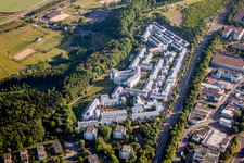 Aerial view of Residential area of the multi-family house settlement Eichberg in Ulm in the state Baden-Wurttemberg, Germany
