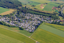 Aerial view of Camping Heidehof in the district Machtolsheim in Laichingen in the state Baden-Wuerttemberg, Germany