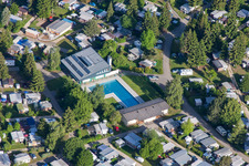 Aerial view of Camping with caravans and tents in Laichingen in the state Baden-Wurttemberg