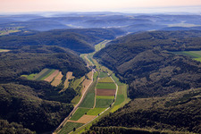 Alb landscape in the valley of the Schmiech from the west in the district Justingen in Schelklingen in the state Baden-Wuerttemberg, Germany