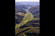 Aerial view of Alb landscape in the valley of the Schmiech from the west in the district Justingen in Schelklingen in the state Baden-Wuerttemberg, Germany