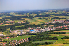 Aerial photograpy of Industrial area on the Riß with Boehringer Ingelheim Biberach in the district Birkendorf in Biberach an der Riß in the state Baden-Wuerttemberg, Germany