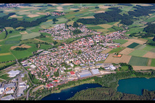 City view at the natural lake Ummendorfer Ried in Ummendorf in the state Baden-Wuerttemberg, Germany
