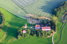 Aerial view of Zweifelsberg with Chapel of St. Nicholas, Sr. Ulrika in the district Oberdorf in Mittelbiberach in the state Baden-Wuerttemberg, Germany