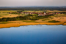 Village behind the Federsee with stilt houses in Oggelshausen in the state Baden-Wuerttemberg, Germany