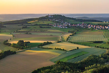 Aerial view of Village on the slopes of the Bussen, the Holy Mountain of Swabia and place of pilgrimage in the district Offingen in Uttenweiler in the state Baden-Wuerttemberg, Germany