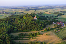 Aerial view of St. John the Baptist on the Bussen in the district Offingen in Uttenweiler in the state Baden-Wuerttemberg, Germany