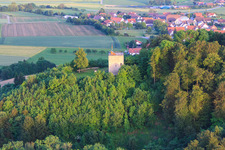 Aerial view of Bussen Castle Ruins in the district Offingen in Uttenweiler in the state Baden-Wuerttemberg, Germany