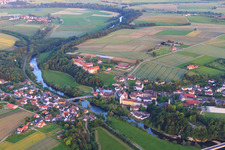 Aerial view of Building complex of the monastery Untermarchtal on the Danube and missionary procuration of the Sisters of Mercy of St. Vincent de Paul in Untermarchtal in the state Baden-Wuerttemberg, Germany
