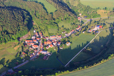 Aerial view of Village view on the Alb from the east on the Große Lauter in the district Wasserstetten in Gomadingen in the state Baden-Wuerttemberg, Germany