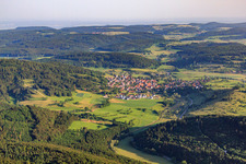 Village view on the Alb from the southeast in Gomadingen in the state Baden-Wuerttemberg, Germany