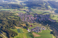 Village - view on the edge of agricultural fields and farmland in Gomadingen in the state Baden-Wurttemberg, Germany
