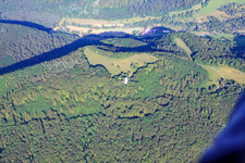Aerial view of Structure of the Schönbergturm observation tower in the forest in Pfullingen in the state Baden-Wuerttemberg, Germany