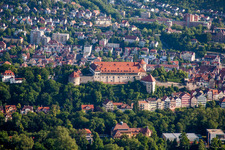 Aerial view of Castle of Schloss Hohentuebingen with Museum Alte Kulturen | in Tuebingen in the state Baden-Wurttemberg, Germany