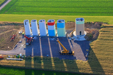 Interlocking segments of the masts of a wind turbine before assembly in Offenbach an der Queich in the state Rhineland-Palatinate, Germany
