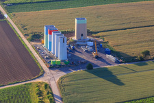 Oblique view of Interlocking segments of the masts of a wind turbine before assembly in Offenbach an der Queich in the state Rhineland-Palatinate, Germany