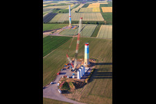 Interlocking segments of the masts of a wind turbine before assembly in Offenbach an der Queich in the state Rhineland-Palatinate, Germany from the plane