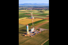 Aerial photograpy of Segments of the mast of a wind turbine during assembly in Offenbach an der Queich in the state Rhineland-Palatinate, Germany