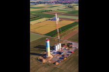 Segments of the mast of a wind turbine during assembly in Offenbach an der Queich in the state Rhineland-Palatinate, Germany from above