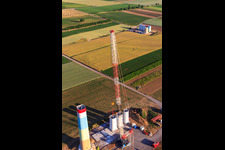 Segments of the mast of a wind turbine during assembly in Offenbach an der Queich in the state Rhineland-Palatinate, Germany out of the air