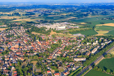 Aerial view of City view on the Kinzig from the east in Willstätt in the state Baden-Wuerttemberg, Germany