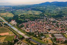 Aerial view of View of the town on the Leeopoldskanal from the northeast in Riegel am Kaiserstuhl in the state Baden-Wuerttemberg, Germany