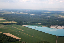 Bird's eye view of Mixed concrete and building materials factory of Birkenmeier Stein+Design in Gravel mine in the district Niederrimsingen in Breisach am Rhein in the state Baden-Wurttemberg, Germany