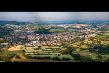 Aerial view of City panorama from the north in Müllheim im Markgräflerland in the state Baden-Wuerttemberg, Germany