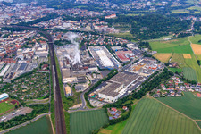Hermann-Muth-Straße industrial area from the north with ZUFALL logistics group - branch Fulda, Papierfabrik Adolf Jass GmbH & Co KG and tegut... gute Lebensmittel GmbH & Co. KG in Fulda in the state Hesse, Germany