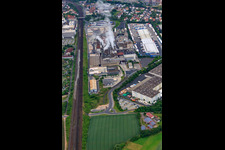 Aerial view of Hermann-Muth-Straße industrial area from the north with ZUFALL logistics group - branch Fulda, Papierfabrik Adolf Jass GmbH & Co KG and tegut... gute Lebensmittel GmbH & Co. KG in Fulda in the state Hesse, Germany