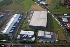 Aerial view of Warehouses and forwarding building of VTL Vernetzte-Transport-Logistik GmbH in Fulda in the state Hesse, Germany