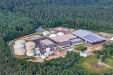 Aerial view of Building and production halls on the premises of the chemical manufacturers Biothan GmbH in the district Kleinlueder in Grossenlueder in the state Hesse, Germany