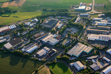 Aerial view of Industrial area Industriestraße with Exide Technologies GmbH and Eichhorn AG Bauzentrum Büdingen in Büdingen in the state Hesse, Germany