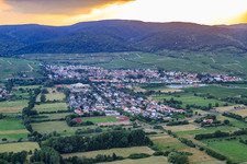 View of the town from the east with the stadium of TSG 1849 Deidesheim eV in Deidesheim in the state Rhineland-Palatinate, Germany