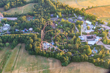 Aerial view of Roller coaster bigFM Expedition GeForce in the Holiday Park in the early morning in Haßloch in the state Rhineland-Palatinate, Germany
